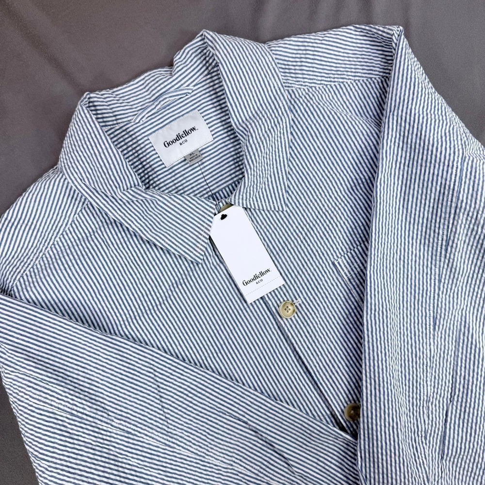Goodfellow Mens XL Blue White Seersucker Cotton Chore Jacket Stripe Button Coat